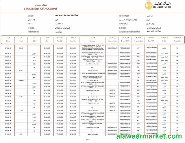 Egypt Banque Misr statement of account Word and PDF template